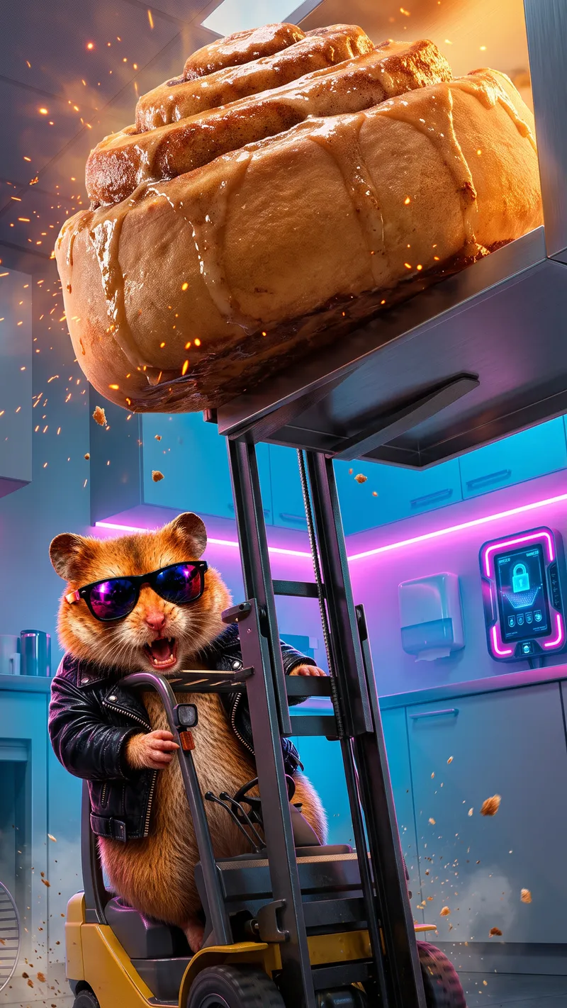 Bad Hamster driving a tiny forklift beneath an enormous cinnamon bun in a neon break room