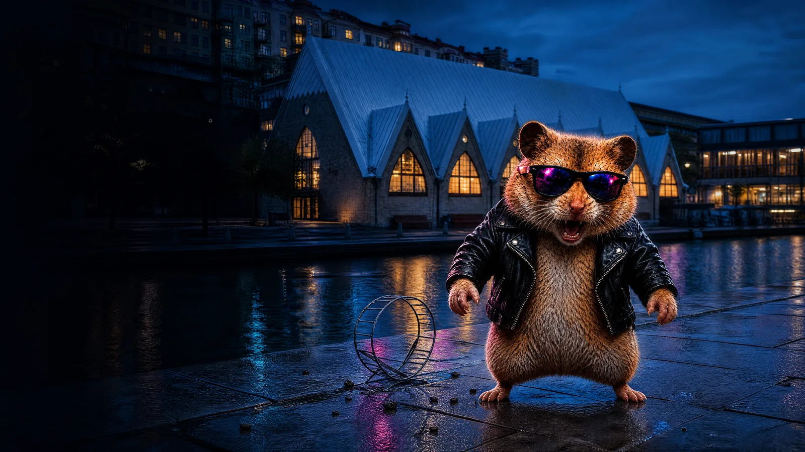 Bad Hamster in sunglasses and a leather jacket beside a small broken wheel, with Feskekôrka across the Gothenburg canal