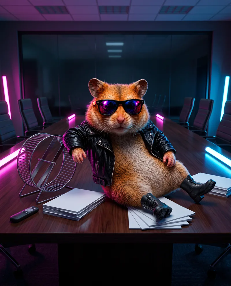 Bad Hamster sitting at the head of an empty neon-lit boardroom beside a hamster wheel