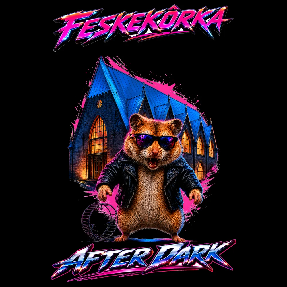 Bad Hamster in sunglasses and a leather jacket in front of Feskekôrka beside a small broken wheel